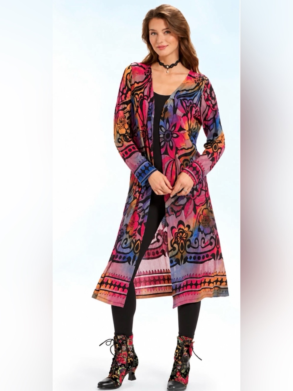 THE PYRAMID COLLECTION SPECTACULAR FLORAL BURNOUT SHEER FLORAL DUSTER CARDIGAN M